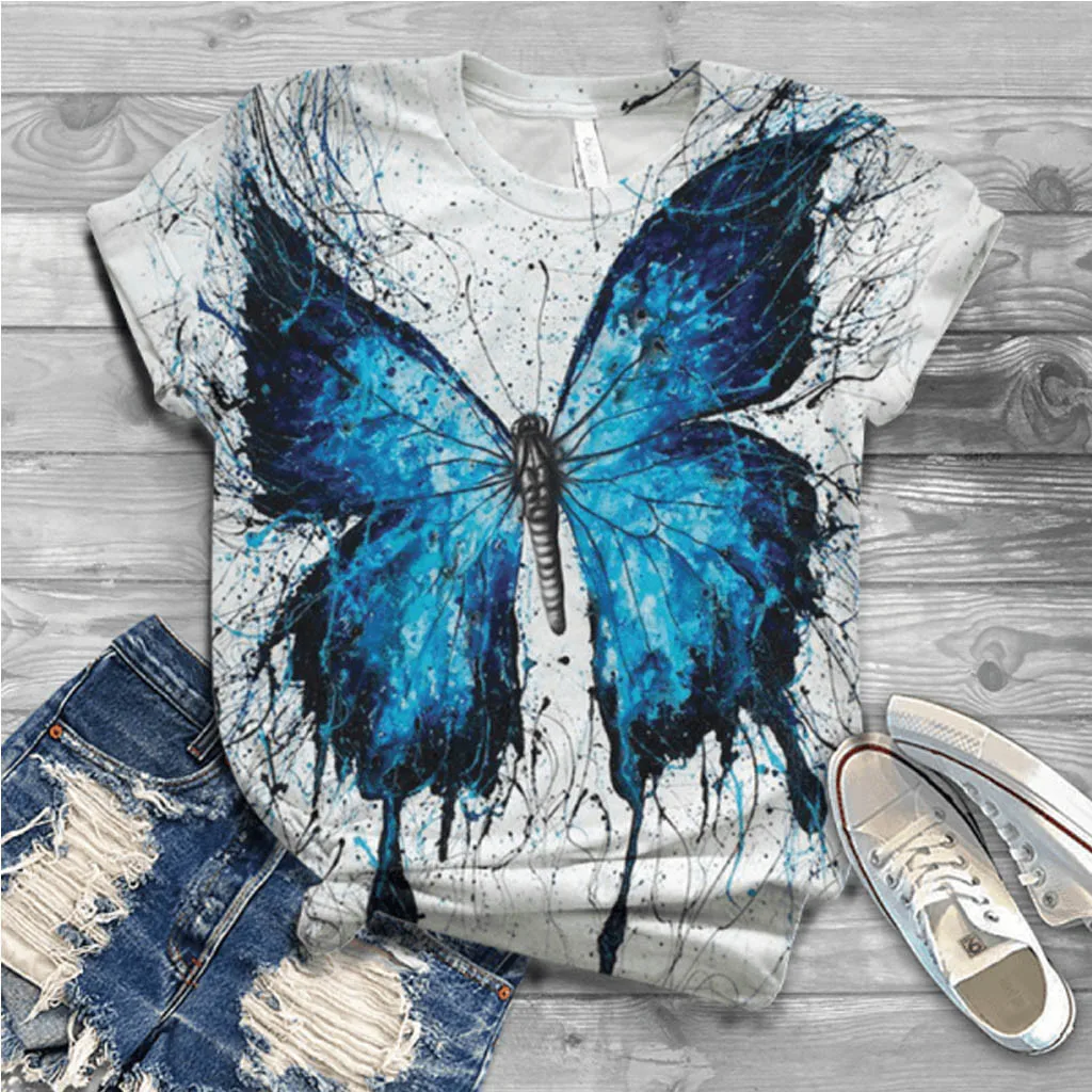 

Women Cartoon Butterfly Elegant Tops 2022 Spring Summer Tee T-shirt Blouse Short Sleeve Female Floral Print Graphic T-shirt