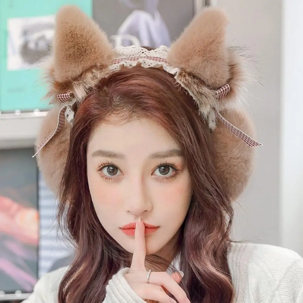 

New 1Pcs Color Ladies Earmuffs Cat Ear Lace Earflaps Riding Headphones Winter And Skiing Comfortable Warm Cover Cute Ear U0T7
