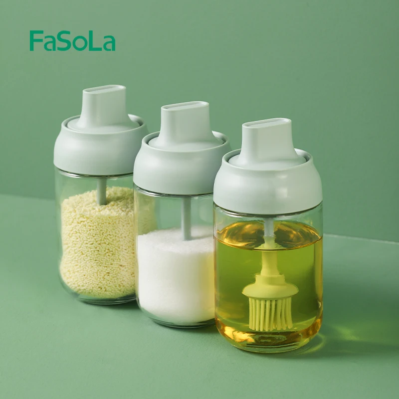 

FaSoLa Spice Dispenser Salt and Pepper Shaker with Silicone Spoon Glass Oil Jar with Silicone brush 250ml Kitchen Dining Tools