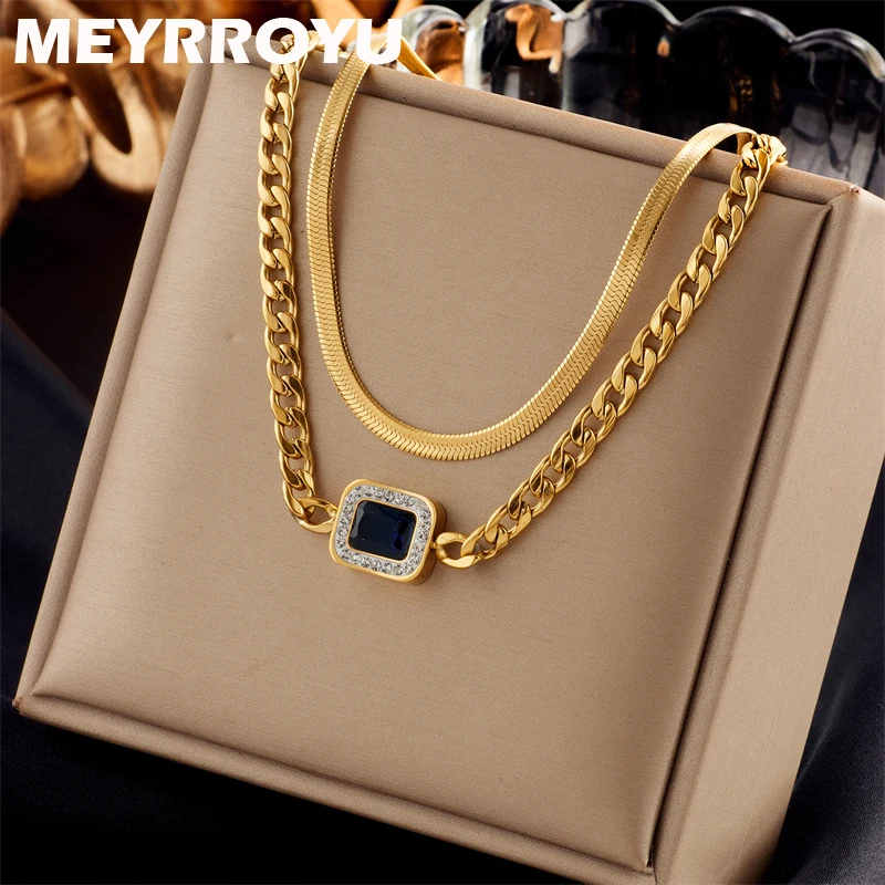 

MEYRROYU 316L Stainless Steel New Geometric Pendant Double Layer Snake Chain Necklace For Women Jewelry Party Gift Bijoux Femme