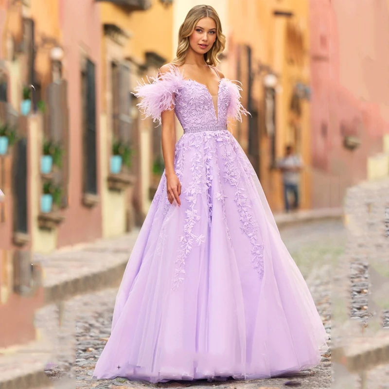 

2023 Pink Lace Embroidery Prom Dresses Elegant A-line Robe De Soirée Feather Shoulder Evening Dress Tulle Sweep Tail فستان سهرة