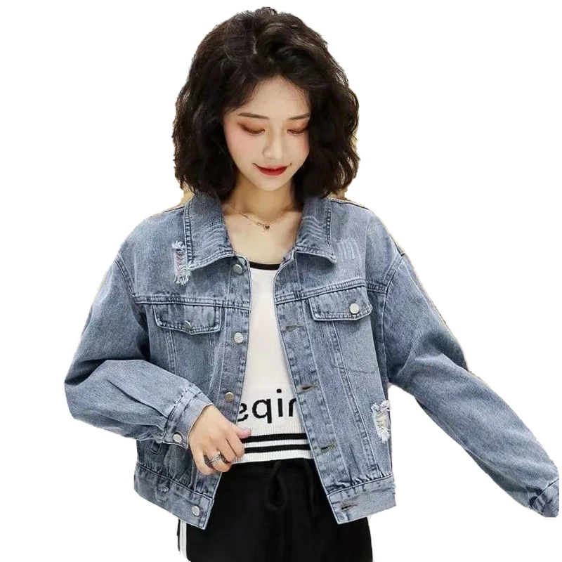 Модное джинсовое пальто женское короткое 2024 новинка весны и осени рваное с