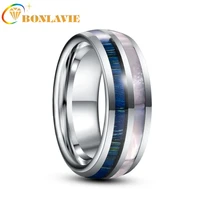 bonlavie 8mm blue wood grain white shell dome tungsten carbide ring mens fashion wedding jewelry gift aaa quality