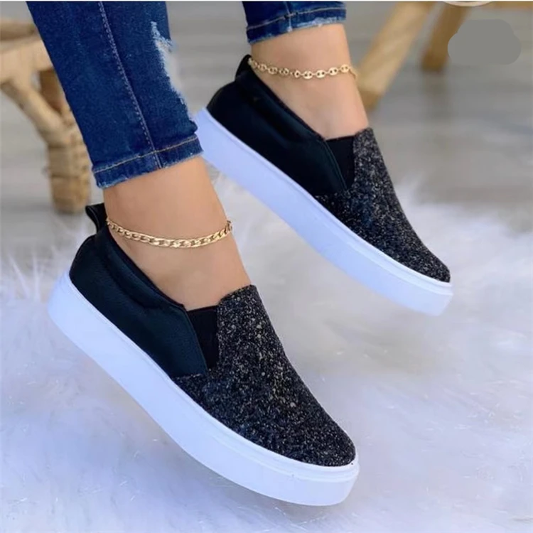 Women Shoes Crystal Slip on Flat Loafers Zipper Embossed Leather Ladies Autumn Glitter Platform Fashion Female Moccasins 2023