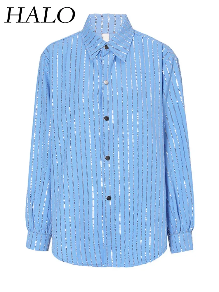 Женская блузка в полоску с длинным рукавом и отложным воротником