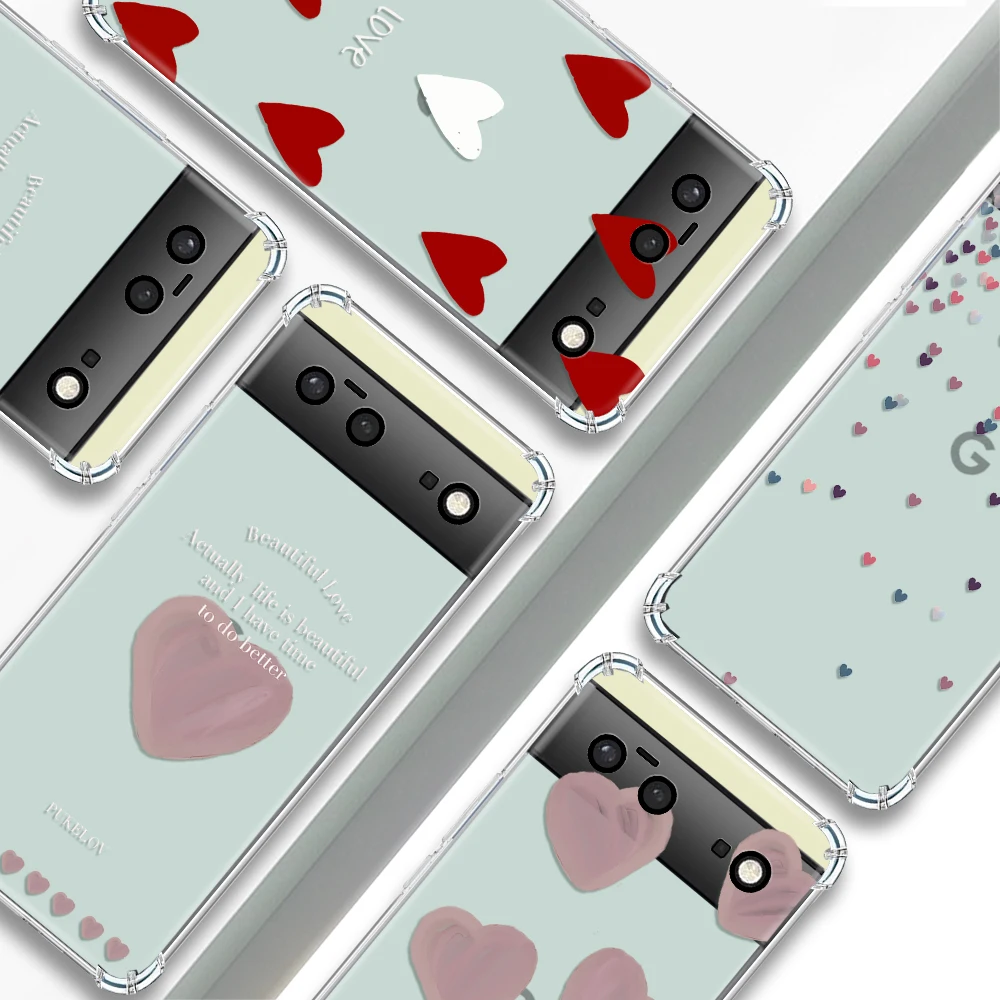 

Pink Love Shape Transparent Phone Case For Google Pixel 7a 6a 7Pro Cases Shockproof Soft Silicone TPU Cover For Pixel 7 6 6Pro
