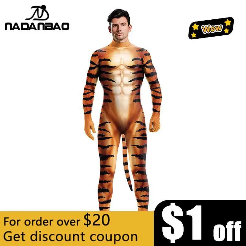 

NADANBAO Animals Cosplay Costume Bodysuit Leopard Adults Spandex Zentai Pattern Jumpsuit Bodywear with Tail Suit