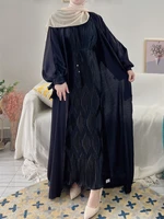 2 pieces matching muslim sets eid abayas for women dubai shiny open abaya kimono with pleated hijab dress islamic outfit party