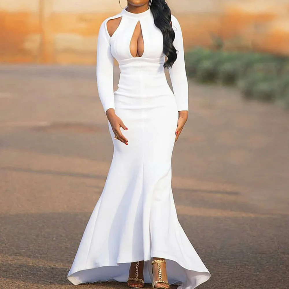 

Sexy Women's Dress Western Mermaid Hollow Long Sleeve Solid Ruffles High Waist Pullover Office Lady Elegant Dresses For Women
