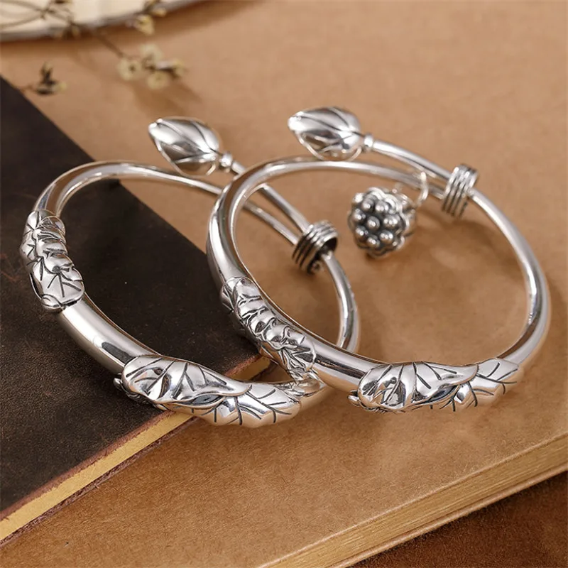 

Uglyless Classic Push-pull Adjustable Ethnic Dress Bangles for Women 990 Silver Bangles Lotus Leaf lotus Flower Vintage Jewelry