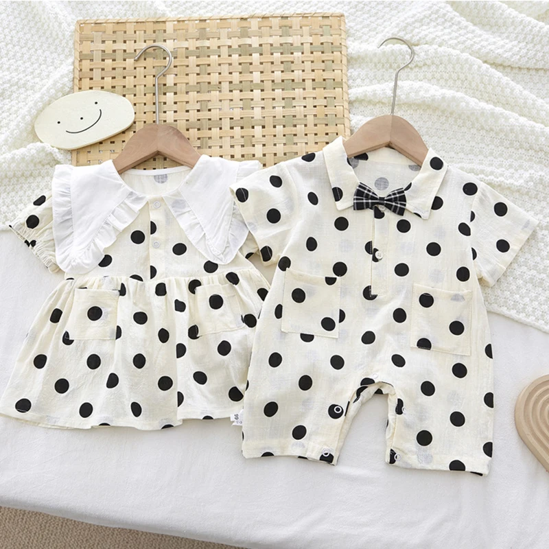 

Summer Infant Baby Boys Jumpsuit Short Sleeve Cotton Dot Print Newborn Baby Girls Dress Brother And Sister Clothes