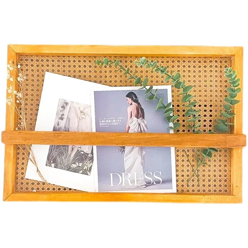 

High Quality Nature Rattan Wicker Storage Holder Shelf Bamboo Wood Hanging Wall Mount Magazine Racks