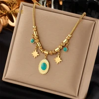 xiyanike 316l stainless steel necklace for women blue zircon oval pendant gold color geometric classic luxury %e2%80%8bbirthday jewelry