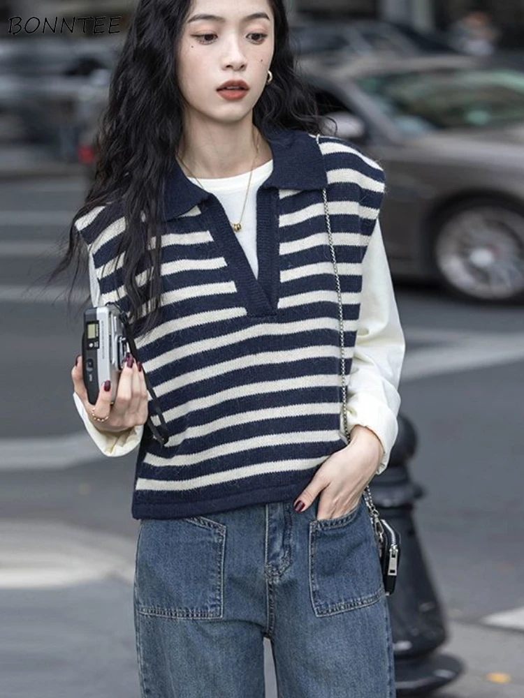 

Sweater Vests Women Autumn Leisure All-match Striped Korean Style Loose Office Lady Comfortable Simple Turn-down Collar Trendy