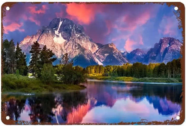 

M1, Grand Teton, национальный парк, восход солнца, деревья, осеннее озеро, отражение, ретро, металлическая жестяная вывеска, настенный декор, забавный металлический жестяной знак, плакат для