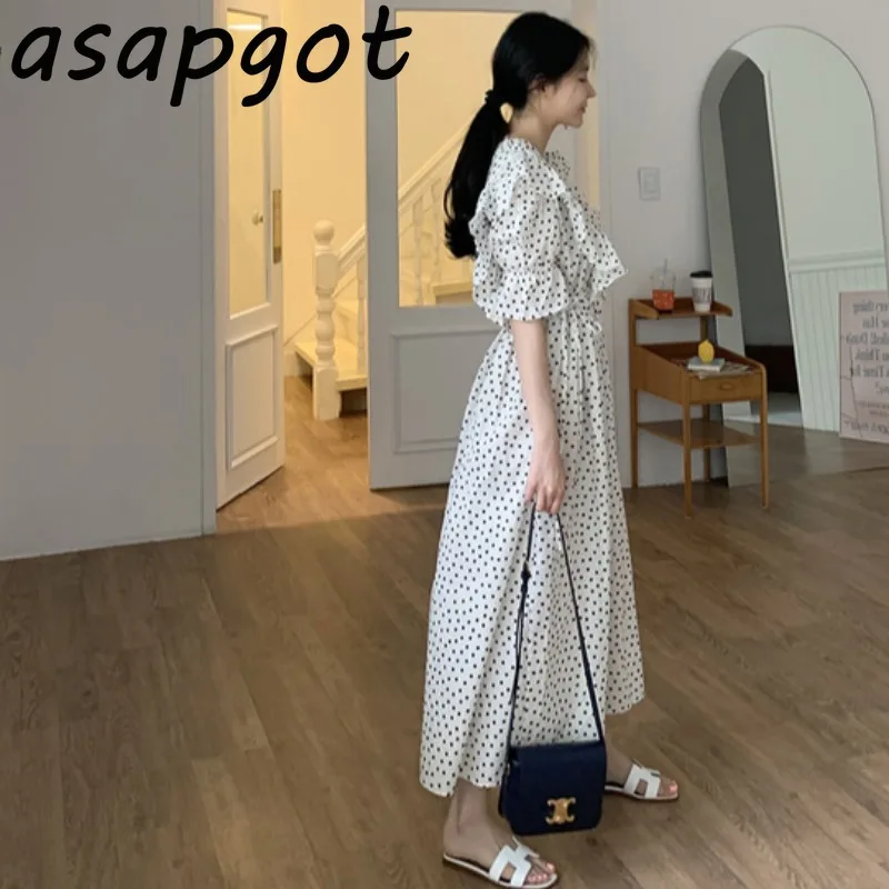 Женское винтажное платье в горошек Белое Облегающее Платье Корейском стиле с