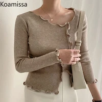 koamissa sweaters women korean fashion solid knitted pullover sexy split square collar jumpers all match long sleeve crop tops