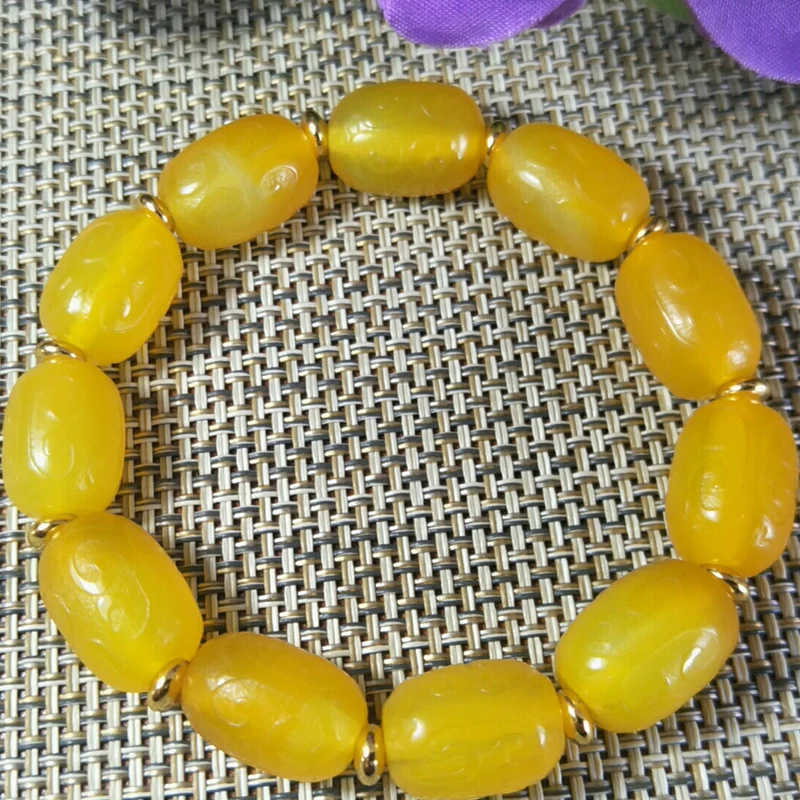 

Natural Jade Bracelet Men Women Healing Bangle Yellow Agate Hand-carved Exquisite Patterns Barrel Beads Elastic Beaded Bracelets
