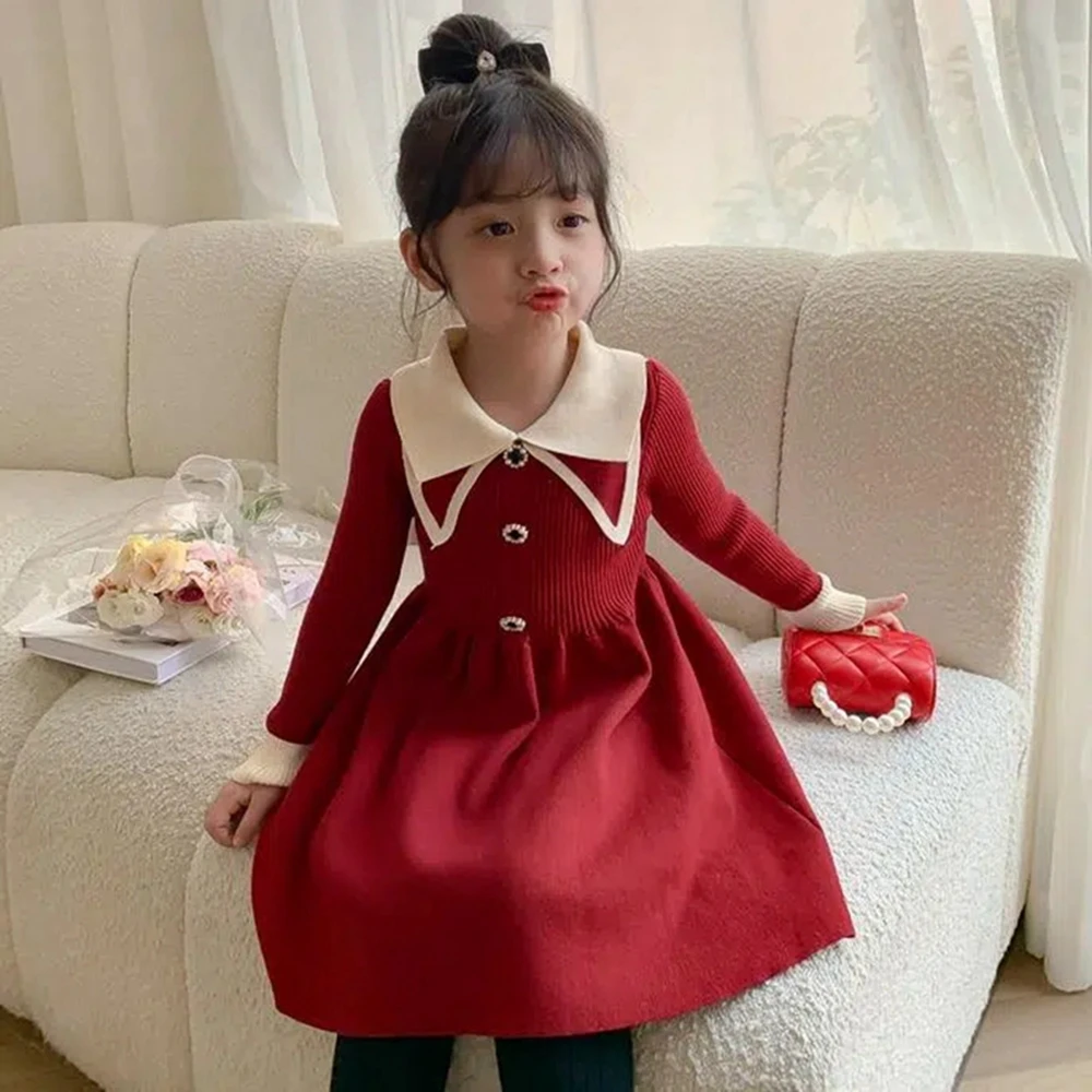 

3-12 Years Kids Knit Sweater Dresses for Girls Turn Down Collar Sweater Dress Girl Fall Clothing Children Winter Dresses 6 8 10