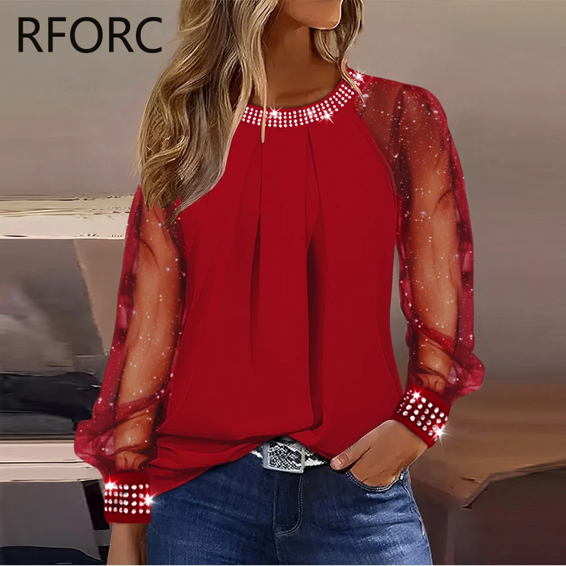 Женская блестящая блузка с круглым вырезом повседневный черный топ 2023