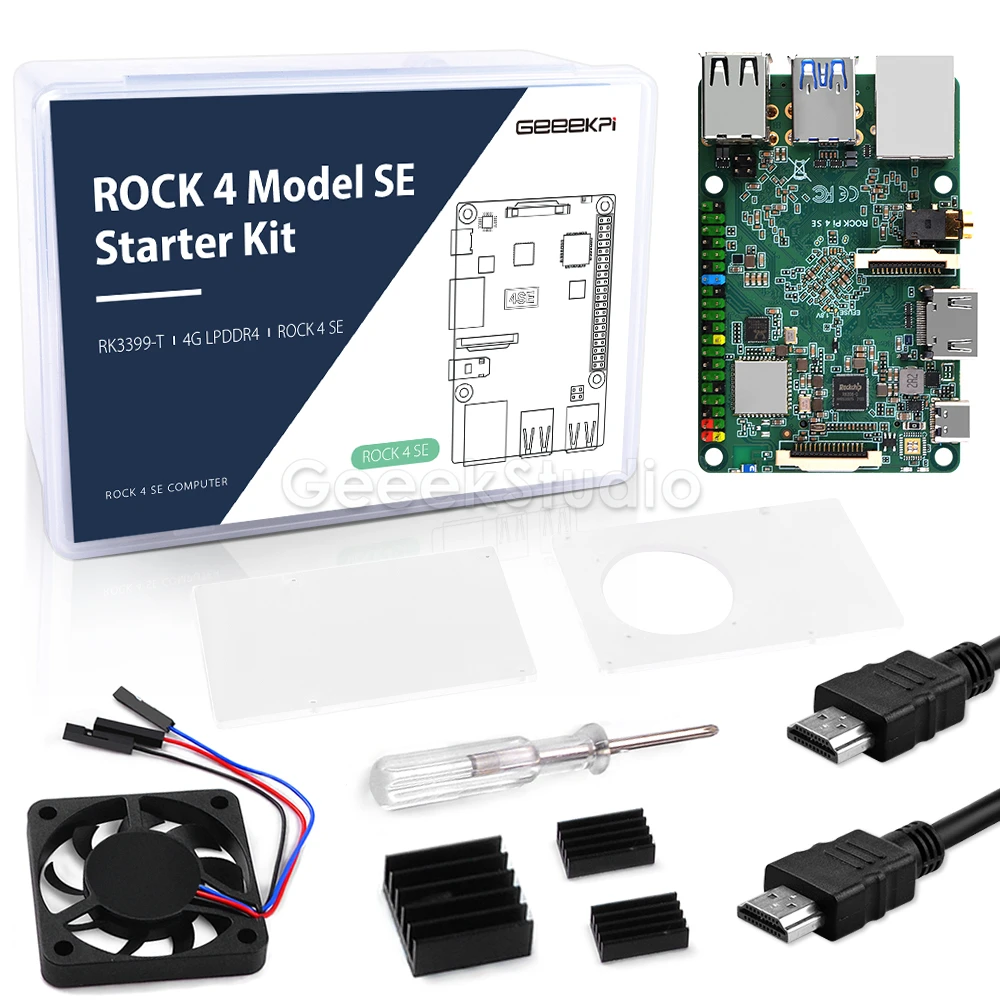 ROCK Pi 4 Model SE Starter Kit eMMC Connector μSD Card M.2 SSD with Case Fan HDMI Cable