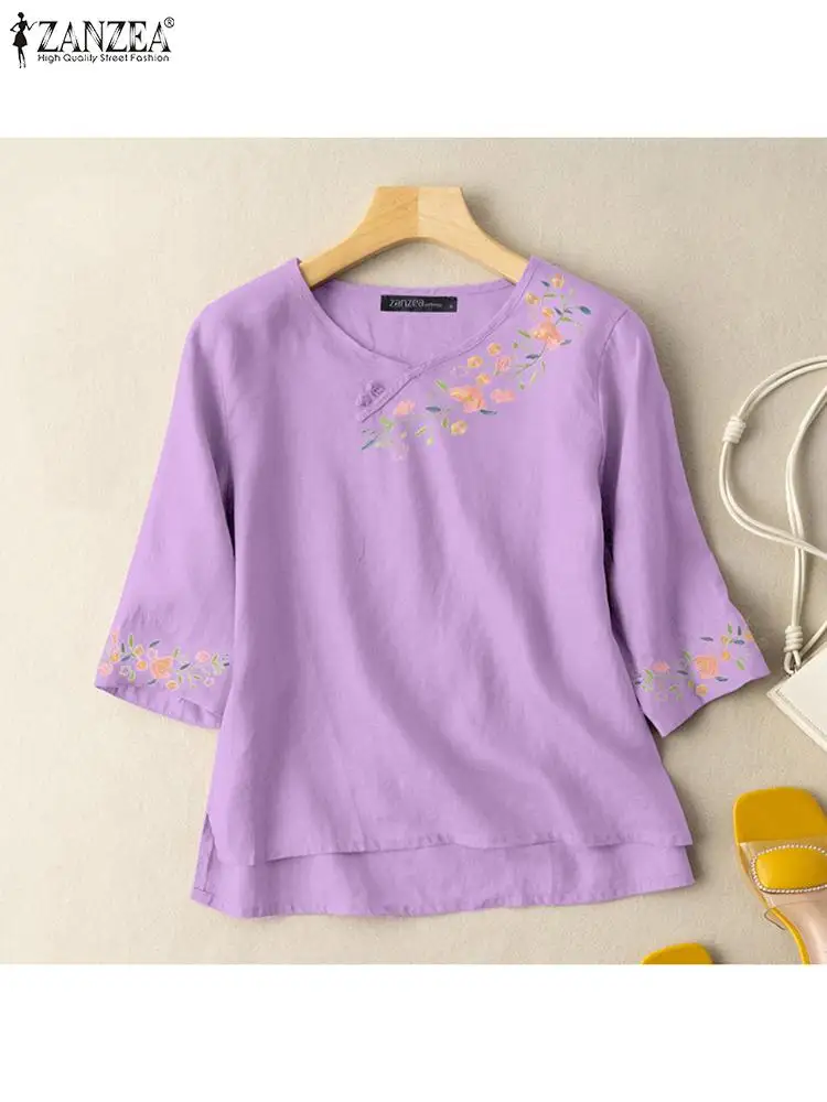 

Винтажные хлопковые топы ZANZEA в стиле ретро, туника, летняя женская однотонная блузка, Повседневная Свободная рубашка с разрезом, блузы с выш...