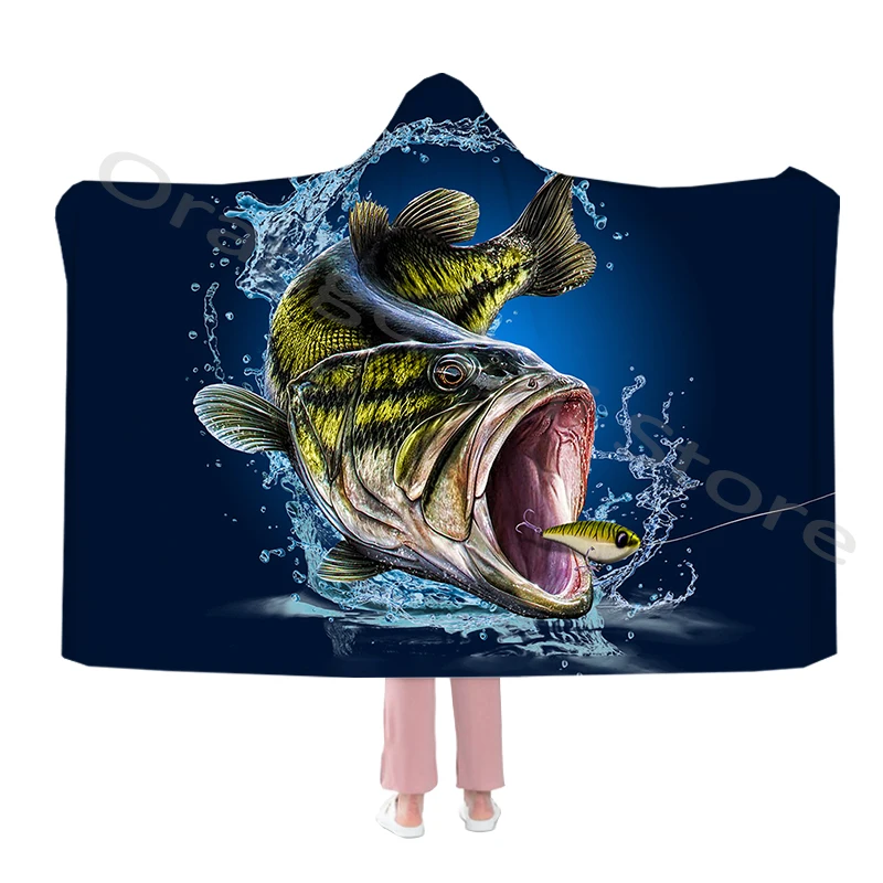 

Fun Fish Print Hooded Blanket with Fancy Cape for Warmth and Soft Wear Flannel Blankets for Adults and Kids for All Seasons