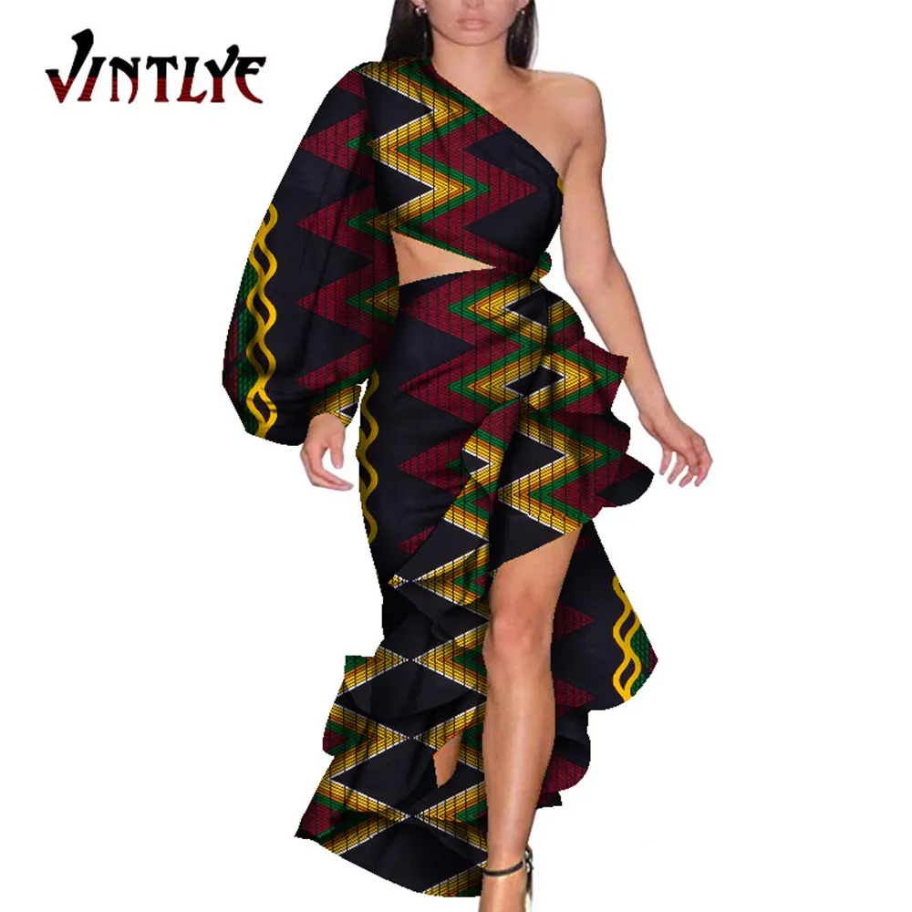 African Clothes for Women 2 Piece Set Ankara Floral Print Crop Tops and Ruffle Skirt Dashiki African Party Clothing WY7943 enlarge