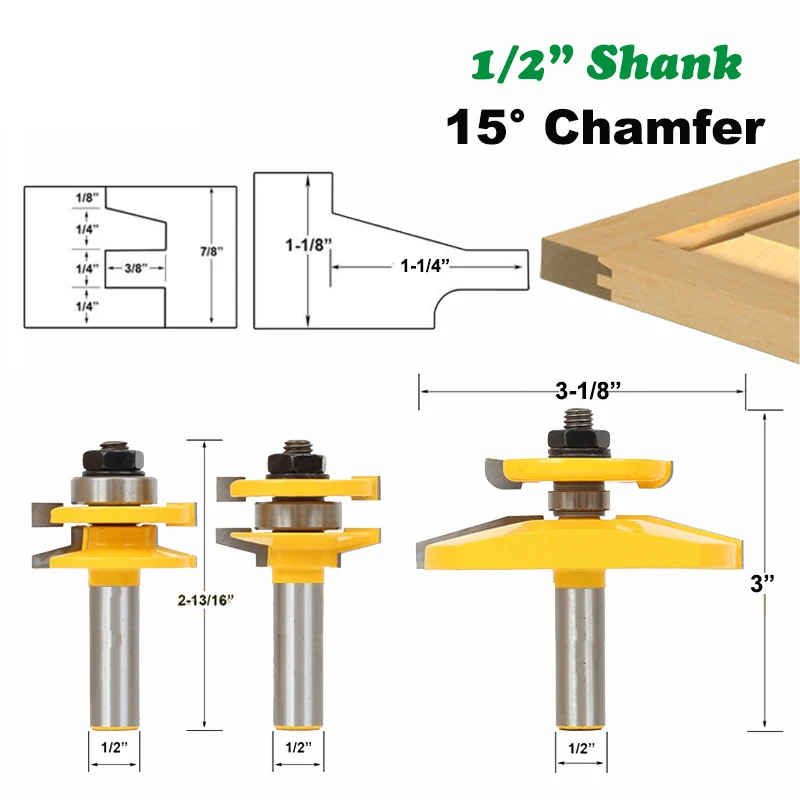 

3PC/Set 1/2" 12.7MM Shank Milling Cutter Wood Carving 15 Degree Chamfer Cabinet Door Tenon Router Bit Rail & Stile Raised Panel