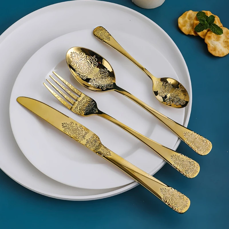 

Vintage Imperial Household Palace Style High-End Luxury Classic Stainless Steel Dinnerware Steak Knife Fork Spoon 4pcs/Set