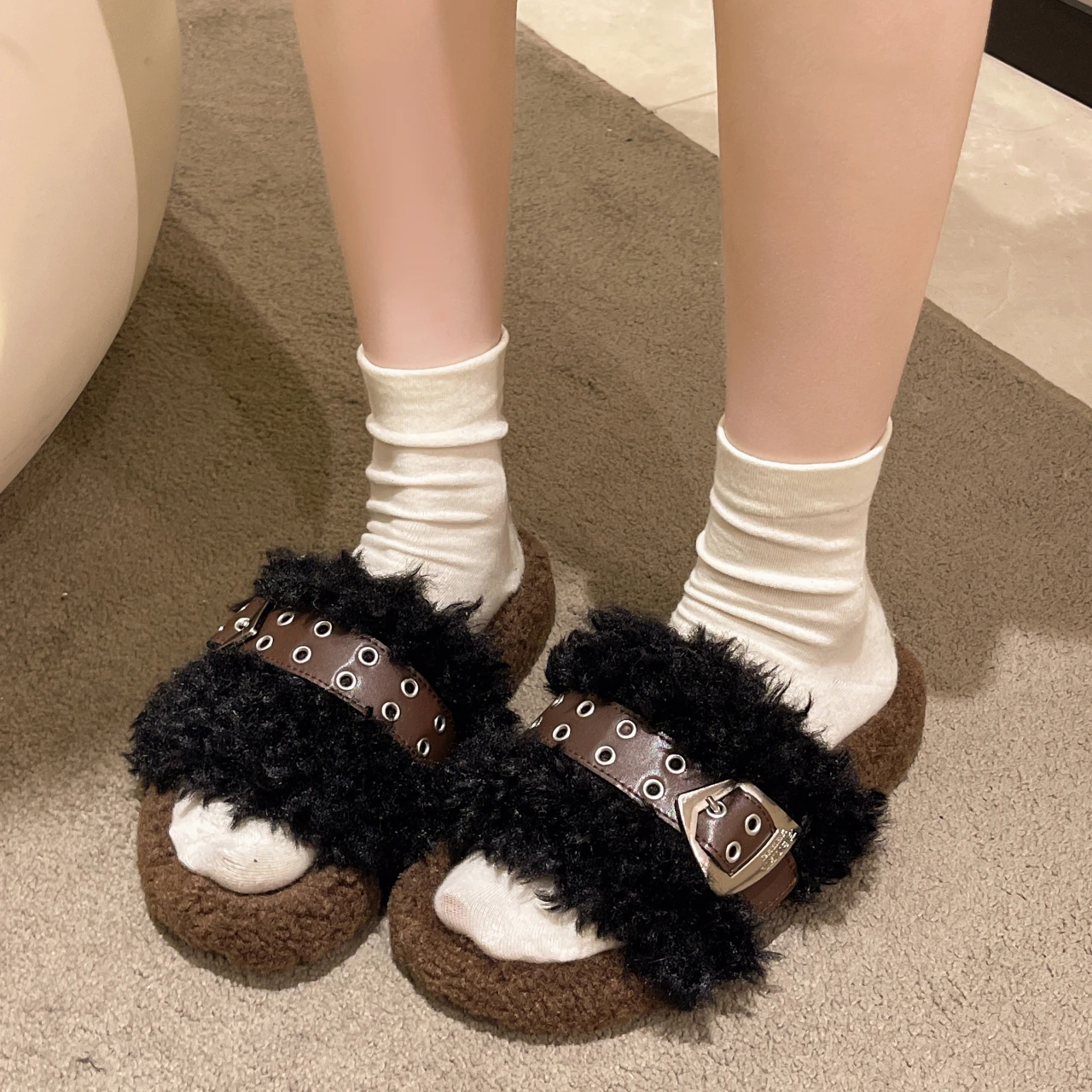 Шлепанцы женские меховые Сланцы на платформе Роскошные сланцы плюшевая обувь