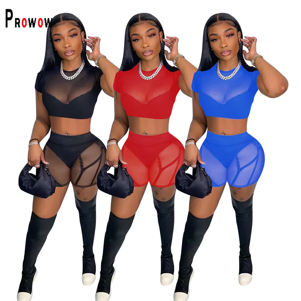 

Prowow Sexy Women Sporty Set Cropped Tops Shorts Two Piece Summer Suits Sheer Mesh Solid Color Lady Party Night Club Outfit