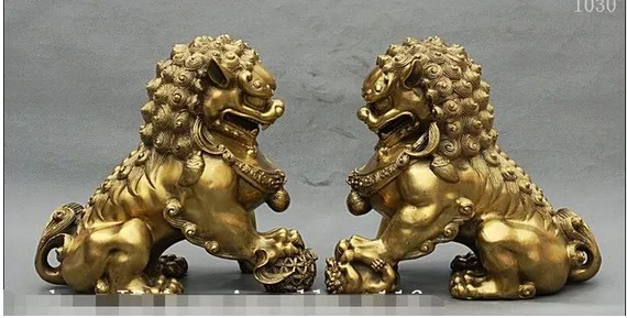 

11" Chinese Palace FengShui Pure Brass Guardion Fu Foo Dog Evil Lion Statue Pair