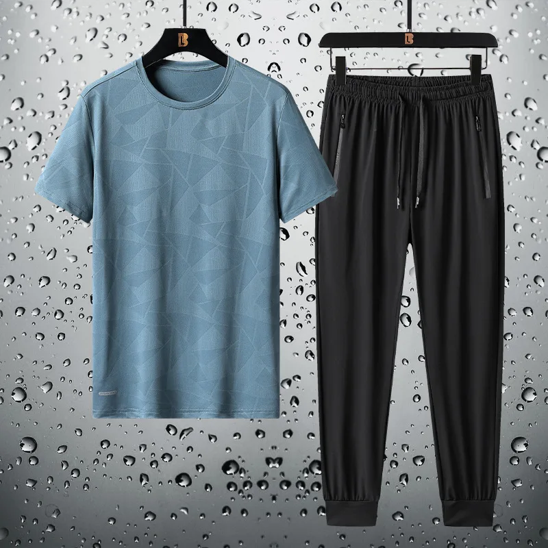 2023 Summer Men's Ice Silk Set Solid Color Round Neck Short Sleeve T-shirt+Pants Two Piece Set for Middle and Youth Sportswear