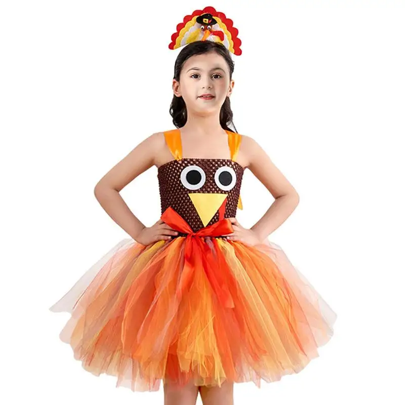 

Thanksgiving Turkey Tutu Soft Breathable Girls Bowknot Dress With Headband Festival Cosplay Costumes Girls Stage Carnivals Tutu