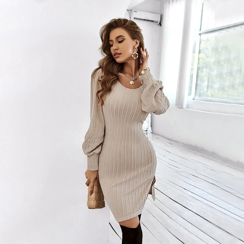 

2022 Autumn and Winter New Women's Fashion Sexy Temperament Elegant Backless Stitching Lace Purse Hip Twist Long Sleeve Dress