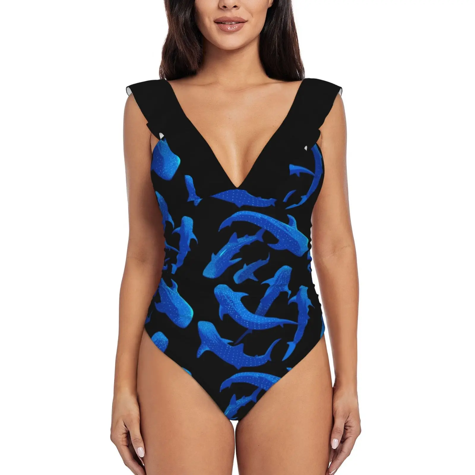 

Женский слитный купальник, монокини с оборками и рисунком акулы, Кита, Дельфина, пляжная одежда