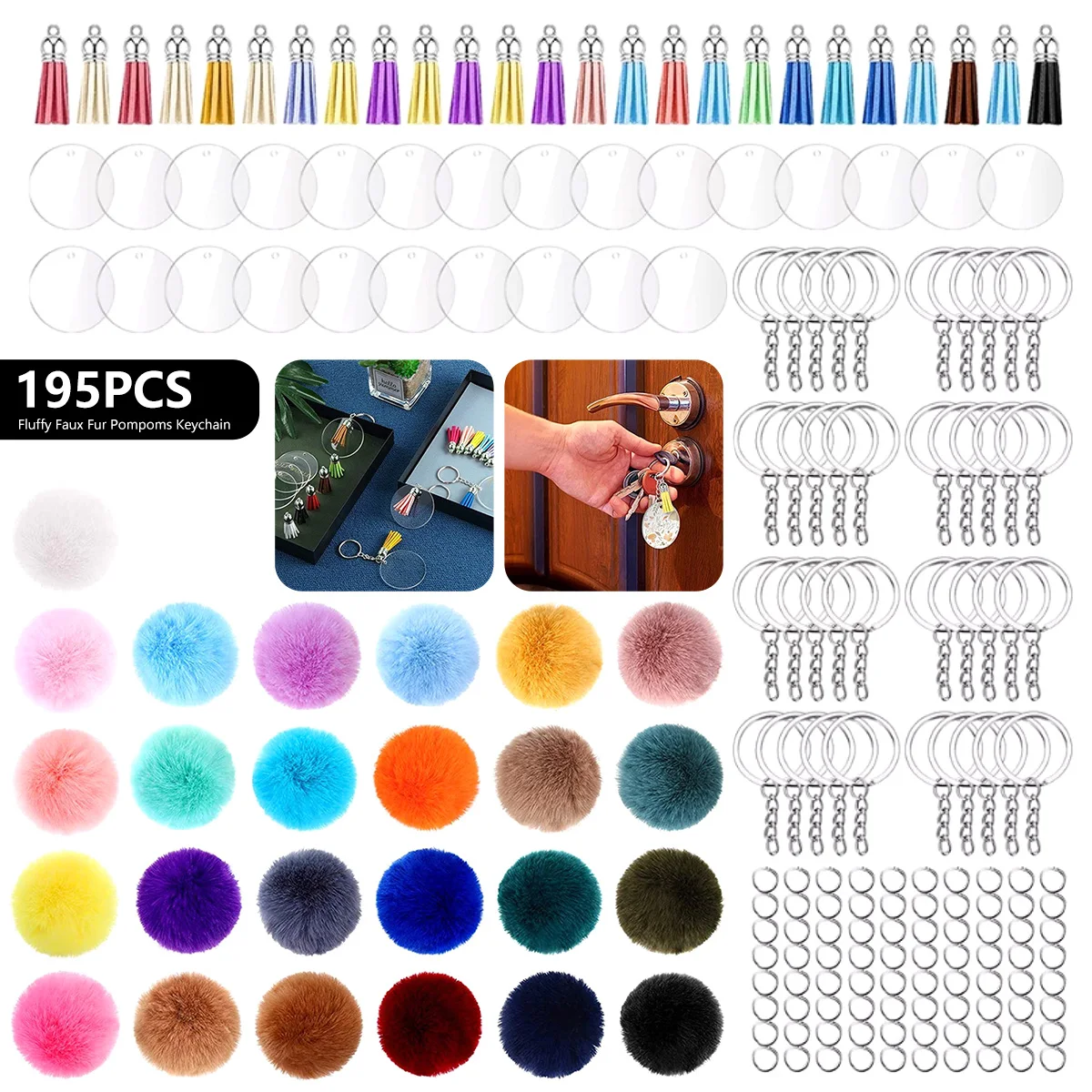 

195 Pcs Pom Pom Keychain Fluffy Faux Fur Pompoms Keychain with Tassels and Keyrings Acrylic Discs Suitable for Bag Charming