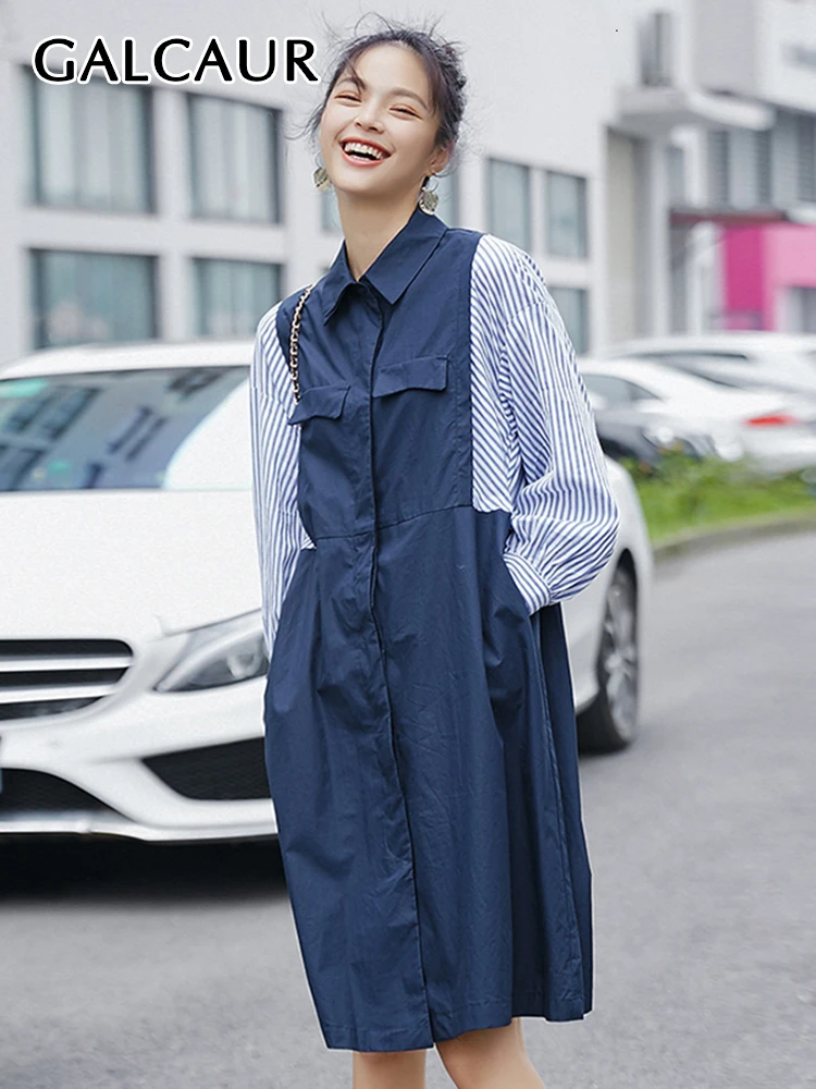 

Прямое джинсовое платье-миди GALCAUR, свободное однобортное платье с отложным воротником и длинным рукавом, в полоску, популярных цветов, 2023