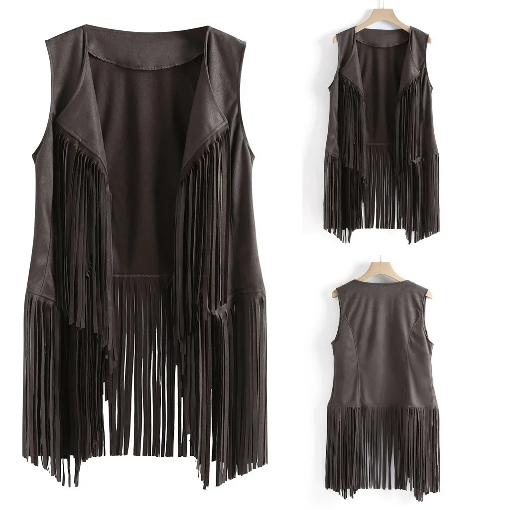 

Sleeveless Lapel Tassels Fringed Women Casual Suede Cardigan Top Ethnic Vest Big And Tall Tops Black Long Top Women