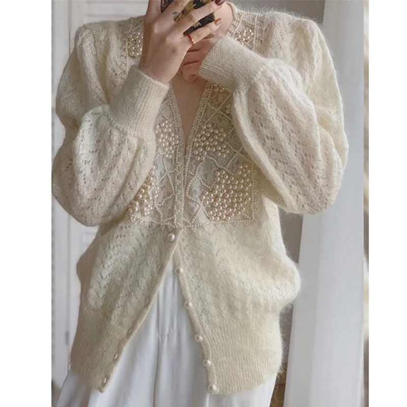 

Cardigan for women Vintage Pearls Embroidery Cardigans Autumn V Neck Long Sleeve Gentle Ladies Sweet Crochet Hollow Out Sweater