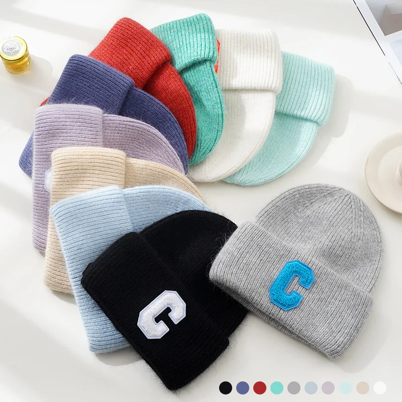 Korean Designer Letter C Beanies for Women Winter Rabbit Fur Knitted Hat Lady Warm Cashmere Bonnet Hat Female Thick Skullies Cap