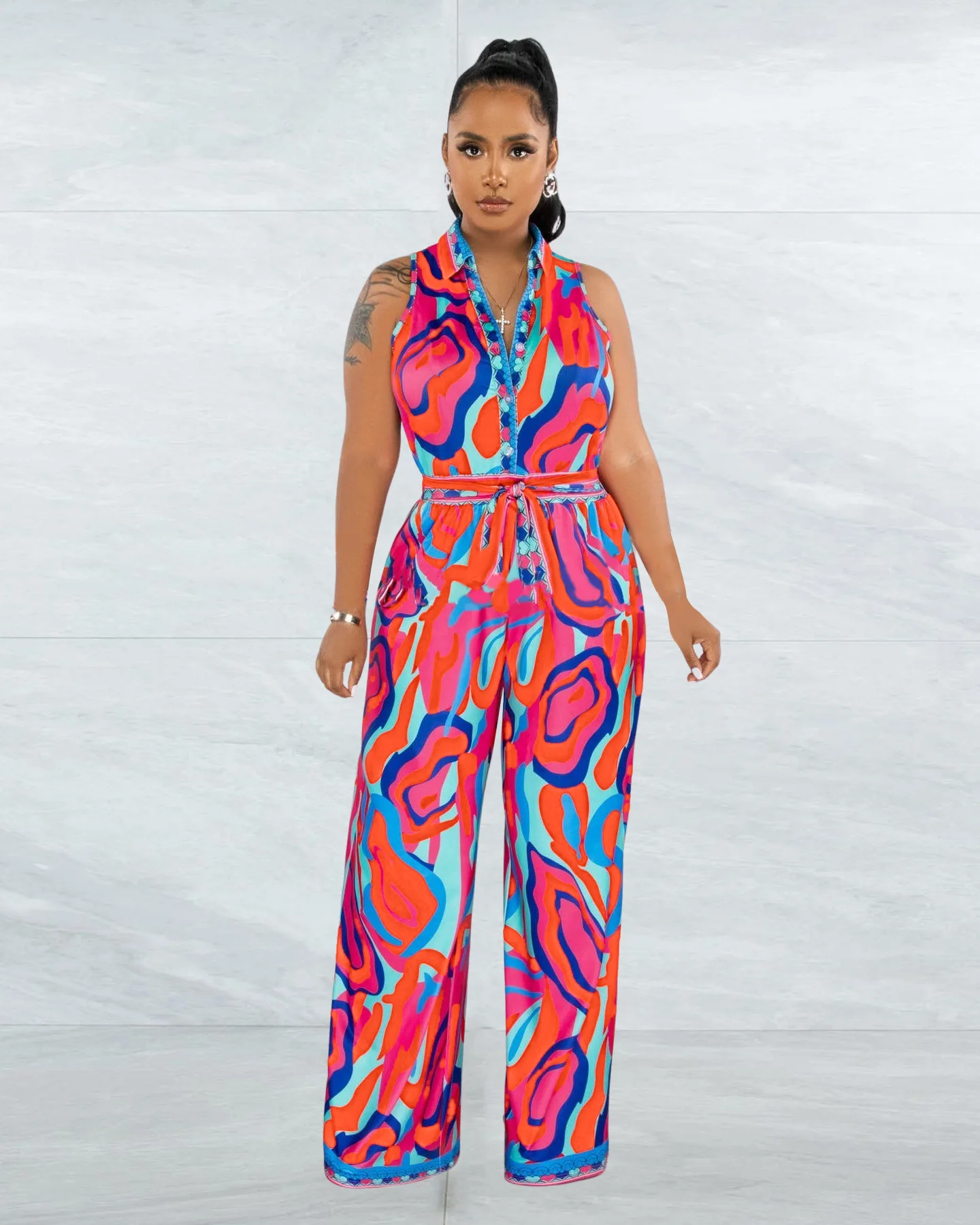 European and American Women's Summer New National Style Sleeveless Positioning Printed Wide-leg Jumpsuit Jumpsuit Women