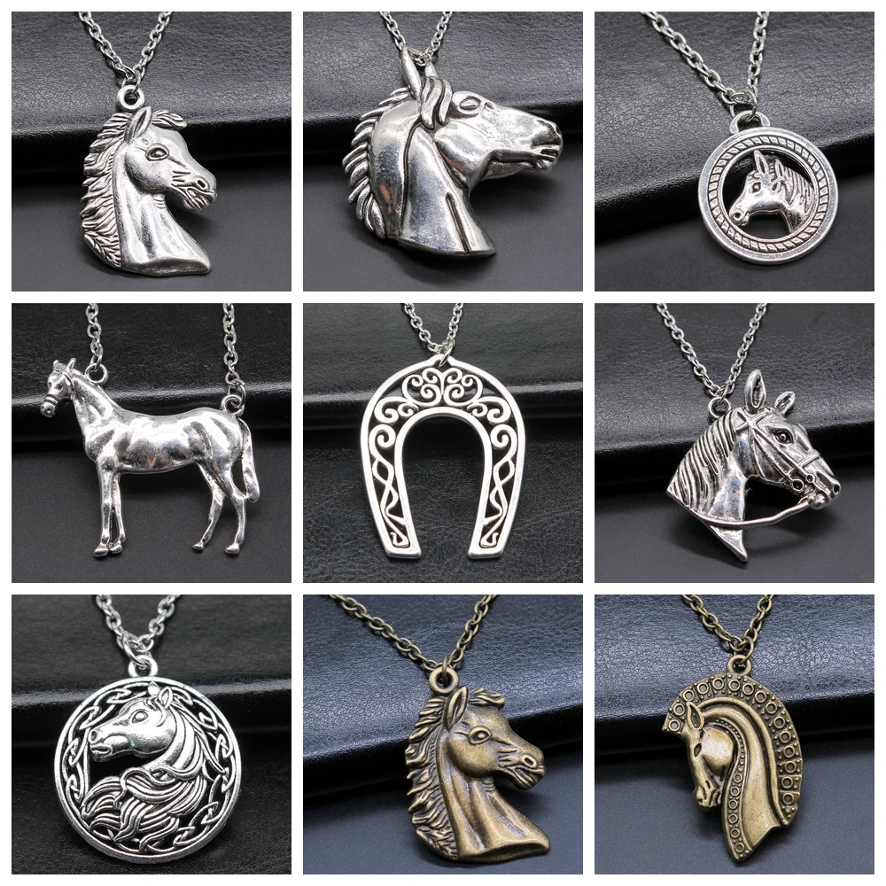 

Vintage Big Horse Head Lucky Horseshoe Pendant Long Chain Necklace For Women Men Unisex Costume Jewellery Necklace
