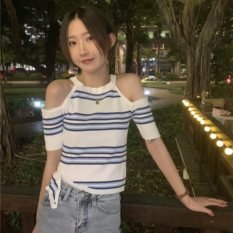 

Summer women's off-the-shoulder striped knitwear short style short sleeve T-shirt