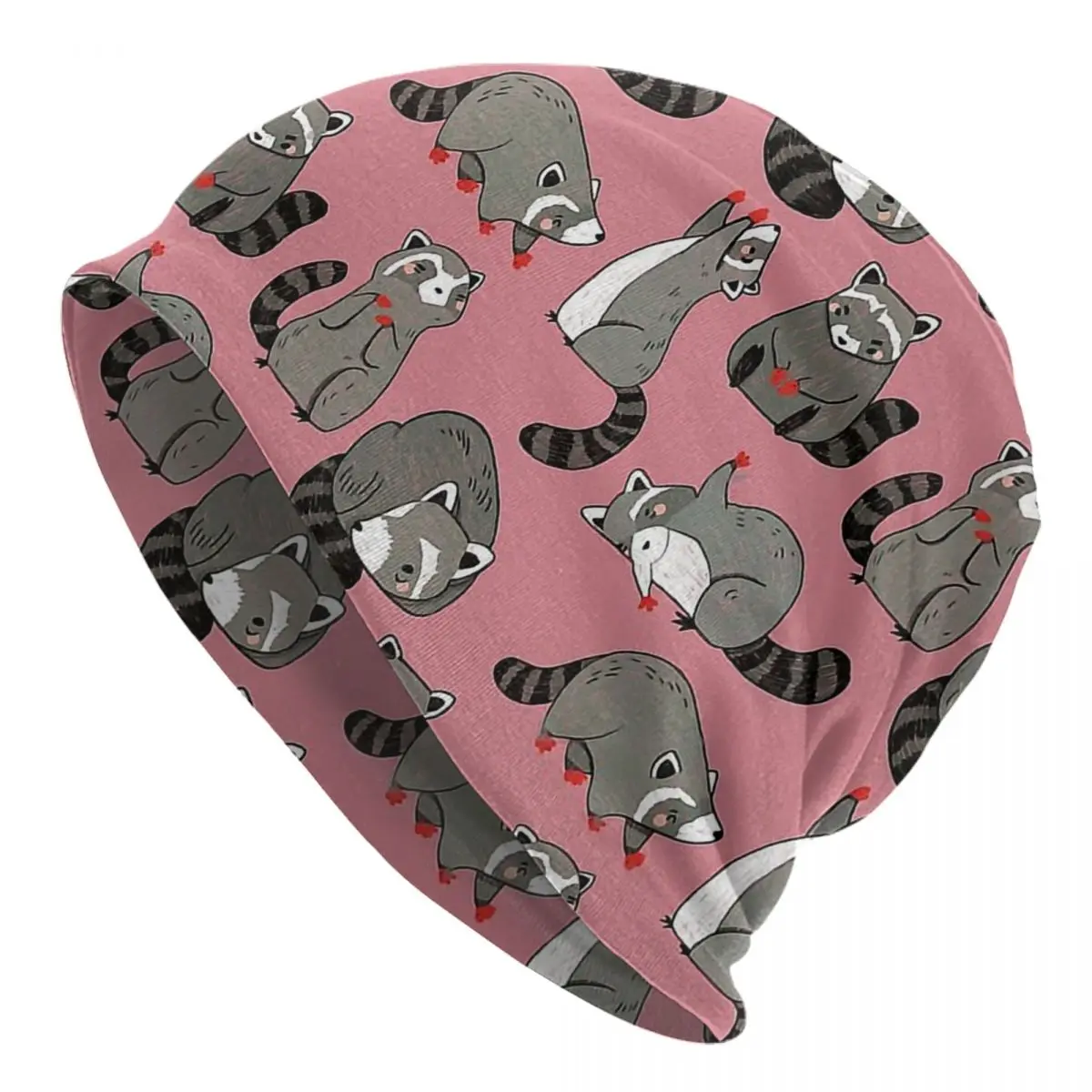 

Cute Grey And Pink Cartoon Animal Pattern Knitted for men and women Raccoons Love Gift Unisex winter warm brimless urinal hat