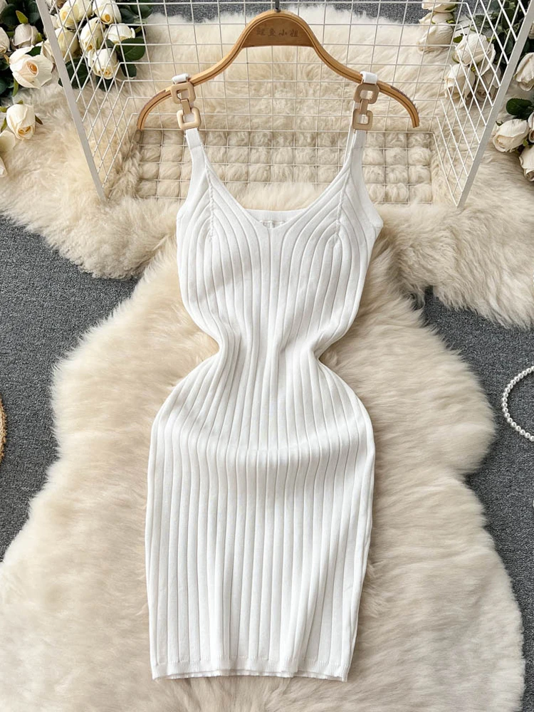 

YuooMuoo Fashion Knitted Metal Slip Dress 2022 New Arrival Slim Elastic Sexy Mini Bodycon Summer Women Dress