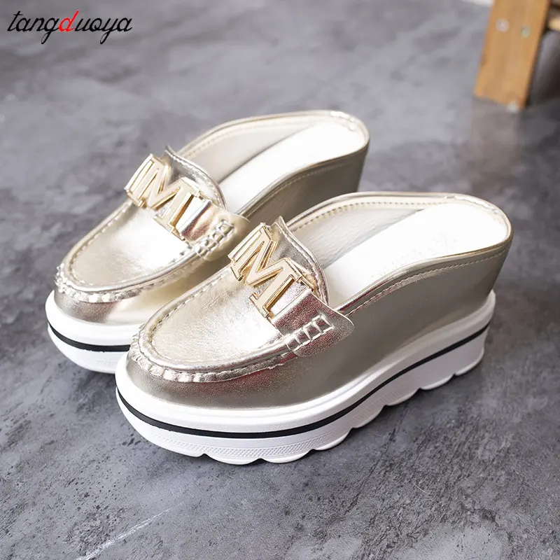 

white gold silver slippers Platform Wedge Slippers Loafers Height Increasing Shoes Women Moccasin Mules Wedges Sandals For Women