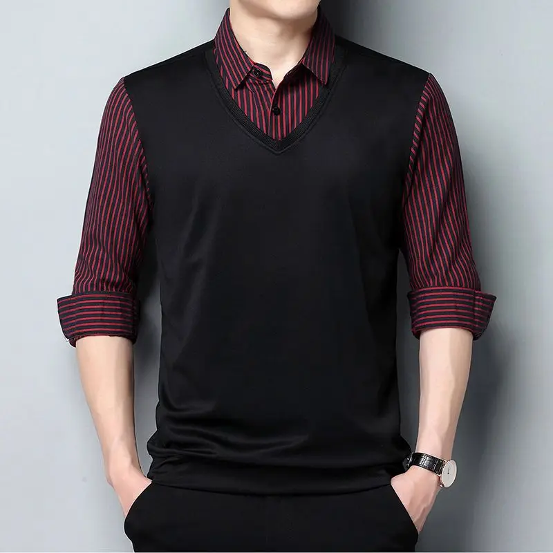 

Fashion Men Striped Long Sleeve Polo Shirts Spring Autumn Cotton Patchwork Male Clothes Lapel Business Loose Solid Casual Tops