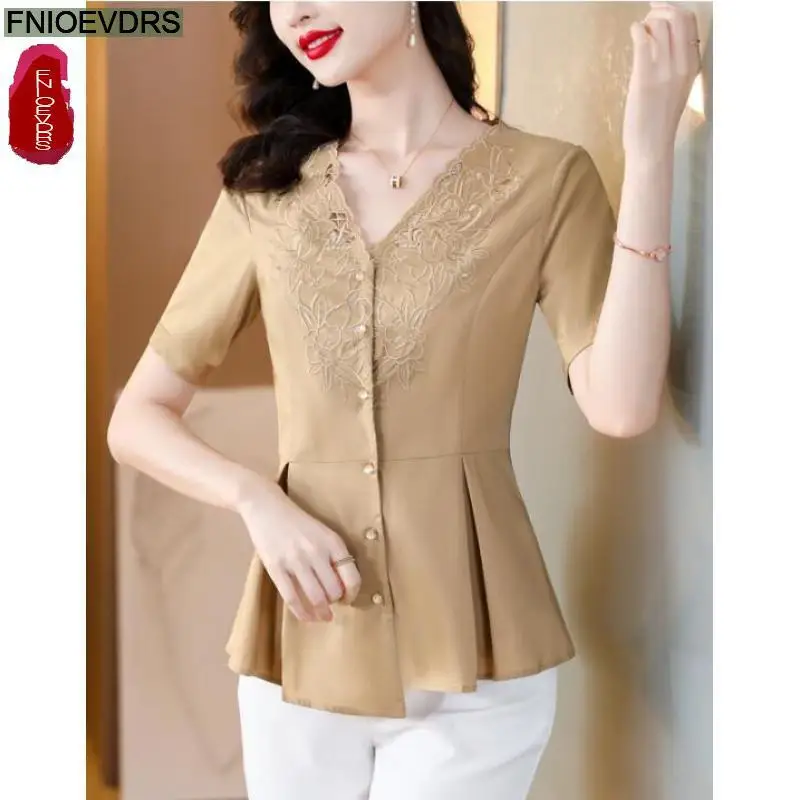 

S-3XL 2023 Women Summer Short Sleeve Elegant Office Lady Work Button Shirt Casual Slim Waist Black Lace Peplum Tops And Blouses